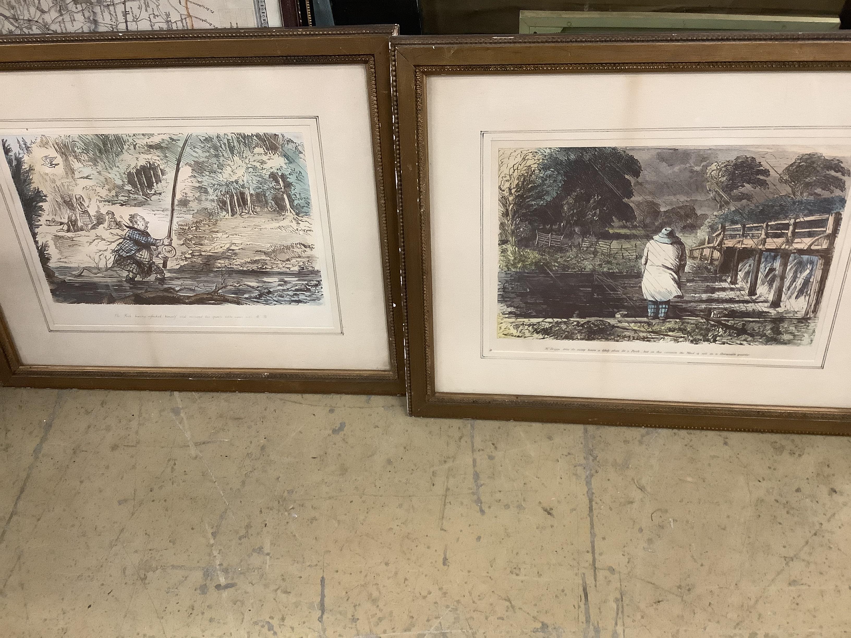 After John Leech a pair of humorous angling prints, three map prints, Sussex, Surrey and Oxfordshire and an engraving, largest 49 x 55cm (7)